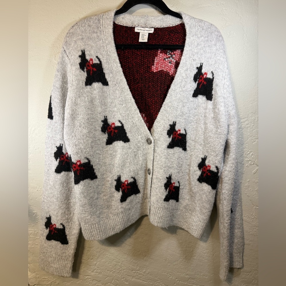 cupcakes & cashmere Gray Cardigan with Scottish Dog Size XL